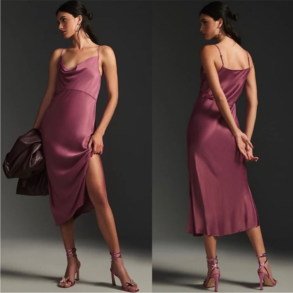 Anthropologie Mauve Satin Cowl-Neck Midi Slip Dress